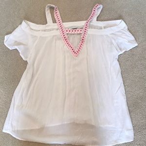 White cold shoulder top with pink boarders